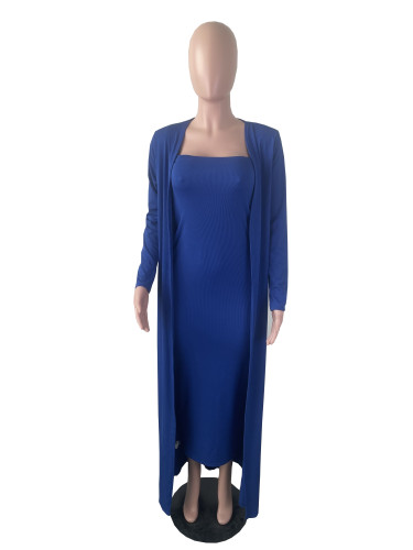 Solid Royal Blue Ribbed Striped Long Dress With Long Cardigan