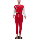 Red Single-breasted Letters Printed Colorblock Jacket Sports Baseball Uniform Suit with Pockets