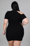 Fat Woman Plus Size Black Short Sleeve Knitted Pit Club Dress