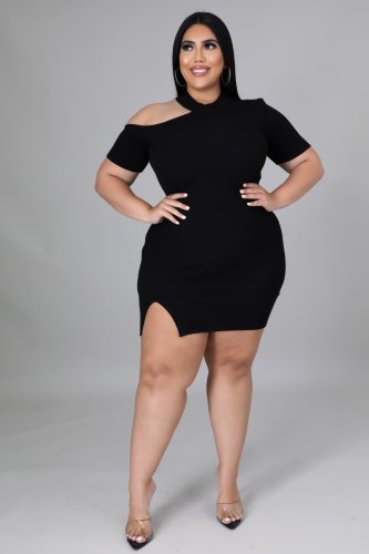 Fat Woman Plus Size Black Short Sleeve Knitted Pit Club Dress