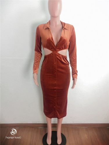 Orange Turndown Collar Cutout Bodycon Midi Dress