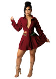 Fall Wine Red Long Sleeve Lace-up Pleated Skirt Office Set