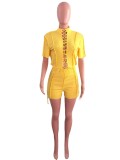 Casual Yellow Short Sleeve Pit Lace-up Romper