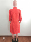 Loose Orange Cotton Linen Midi Shirt Dress