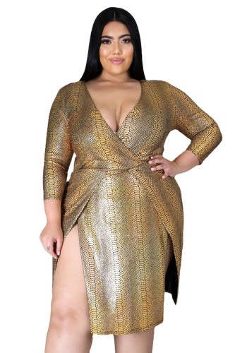 Fat Woman Clubwear Plus Size Glossy Bronzing V Neck Pit Split Dress