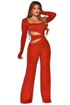Special Affair Red Cut-out Long Sleeve Wide-leg Jumpsuit