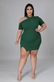 Fat Woman Plus Size Green Short Sleeve Knitted Pit Club Dress