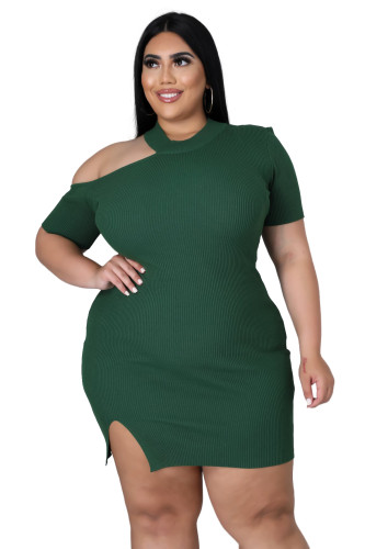 Fat Woman Plus Size Green Short Sleeve Knitted Pit Club Dress