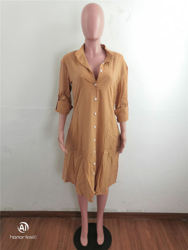 Loose Brown Cotton Linen Midi Shirt Dress