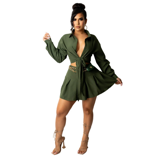 Fall Army Green Long Sleeve Lace-up Pleated Skirt Office Set