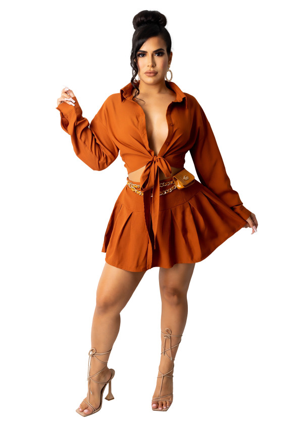 Fall Orange Long Sleeve Lace-up Pleated Skirt Office Set