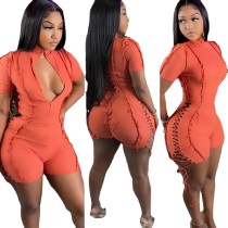 Casual Orange Short Sleeve Pit Lace-up Romper