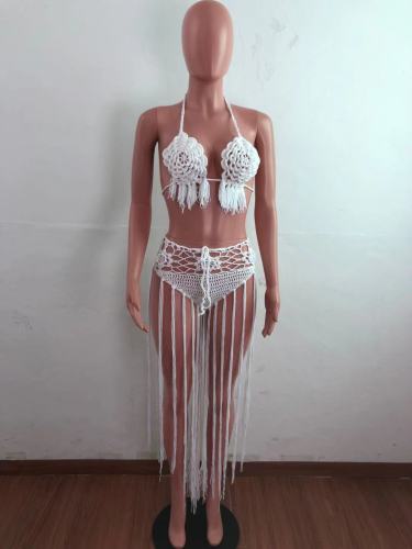 Summer White Weave Two Piece Fringed Beach Skirt Set