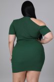 Fat Woman Plus Size Green Short Sleeve Knitted Pit Club Dress