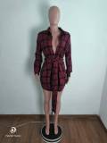 Casual Wine Red Turndown Neck Lace-up Plaid Shirt Dress