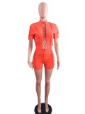 Casual Orange Short Sleeve Pit Lace-up Romper