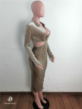 Khaki Turndown Collar Cutout Bodycon Midi Dress