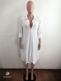 Loose White Cotton Linen Midi Shirt Dress