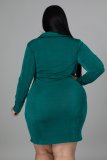 Fat Woman Plus Size Dark Green Long sleeves Ruched Midi T-shirts Dresses