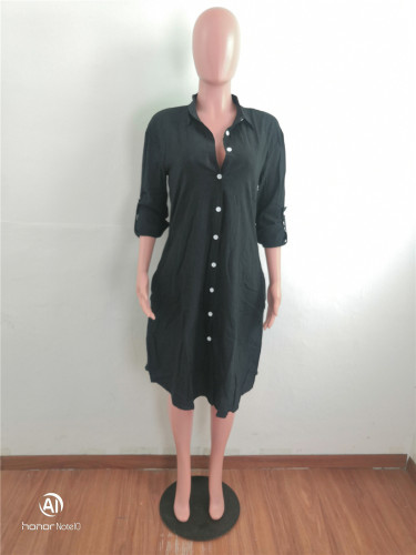 Loose Black Cotton Linen Midi Shirt Dress