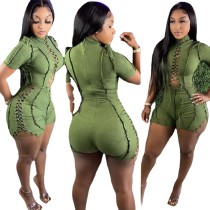 Casual Green Short Sleeve Pit Lace-up Romper