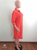 Loose Orange Cotton Linen Midi Shirt Dress