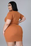 Fat Woman Plus Size Brown Short Sleeve Knitted Pit Club Dress