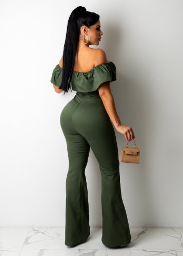 Casual Ladies Army Green Ruffled Off Shoulder Jumpsuit