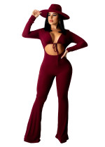 Wine Red Deep V Neck Ribbed Pit Cut Out Outfit Long Sleeve One Piece Flared Jumpsuits