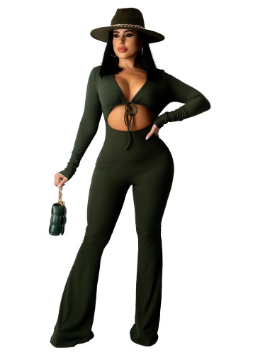 Green Deep V Neck Ribbed Pit Cut Out Outfit Long Sleeve One Piece Flared Jumpsuits