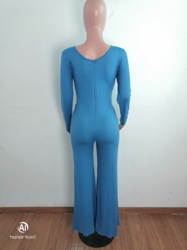 Special Affair Blue Cut-out Long Sleeve Wide-leg Jumpsuit