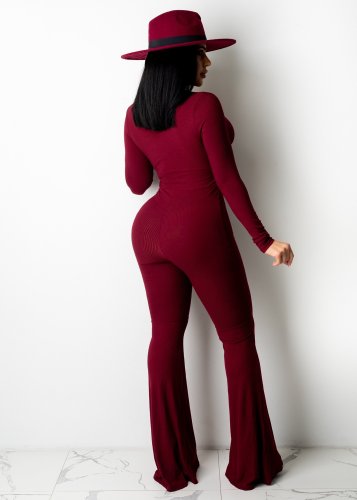 Wine Red Deep V Neck Ribbed Pit Cut Out Outfit Long Sleeve One Piece Flared Jumpsuits