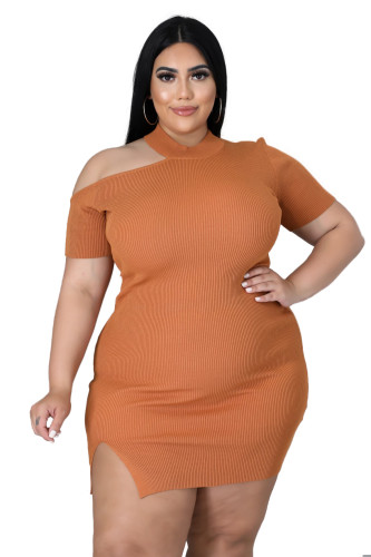 Fat Woman Plus Size Brown Short Sleeve Knitted Pit Club Dress