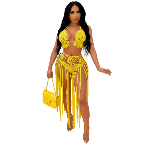 Summer Yellow Weave Two Piece Fringed Beach Skirt Set
