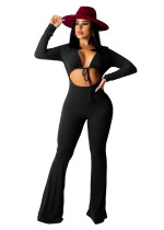 Black Deep V Neck Ribbed Pit Cut Out Outfit Long Sleeve One Piece Flared Jumpsuits