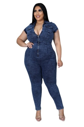 Fat Lady Women's Plus Size Short Sleeve Zipper Turndown Neck Denim Jumpsuit