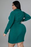Fat Woman Plus Size Dark Green Long sleeves Ruched Midi T-shirts Dresses