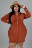 Fat Woman Plus Size Orange Long sleeves Ruched Midi T-shirts Dresses