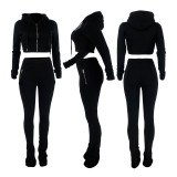 Solid Color Black Zipper Velvet Hoodie Sweatpant Two Piece Winter Filed Sleeves Piled Pants Set