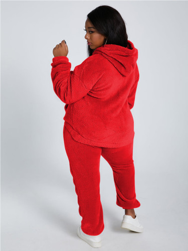 Solid Color Red Plush Hooded Long Sleeve Winter 2 Piece Pant Set