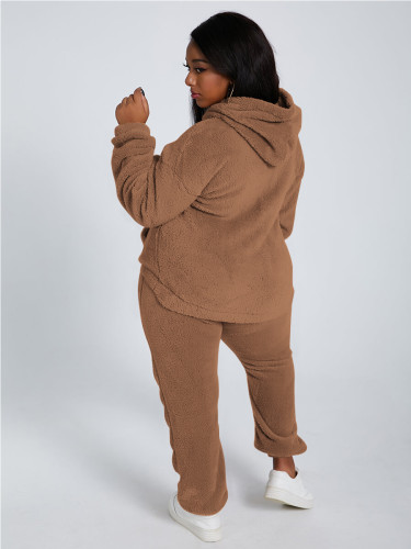 Solid Color Coffee Plush Hooded Long Sleeve Winter 2 Piece Pant Set