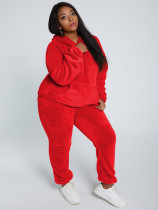 Solid Color Red Plush Hooded Long Sleeve Winter 2 Piece Pant Set