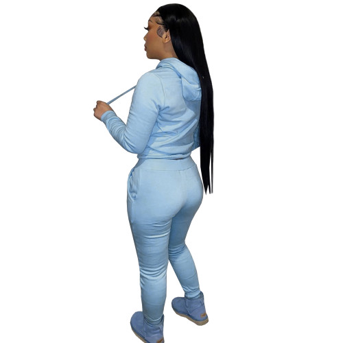 Autumn Winter Thick Drawstring Jogger Two Piece Light Blue Sweatpants and Hoodie Set