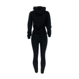 Autumn Winter Thick Drawstring Jogger Two Piece Black Sweatpants and Hoodie Set