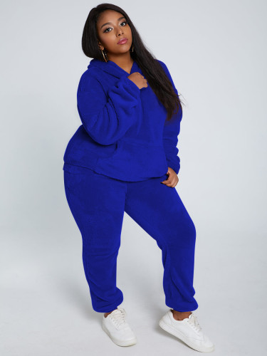 Solid Color Royal Blue Plush Hooded Long Sleeve Winter 2 Piece Pant Set