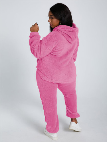 Solid Color Pink Plush Hooded Long Sleeve Winter 2 Piece Pant Set