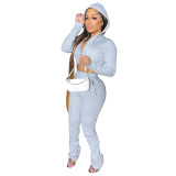 Solid Color Light Grey Zipper Velvet Hoodie Sweatpant Two Piece Winter Filed Sleeves Piled Pants Set