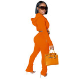 Solid Color Orange Zipper Velvet Hoodie Sweatpant Two Piece Winter Filed Sleeves Piled Pants Set