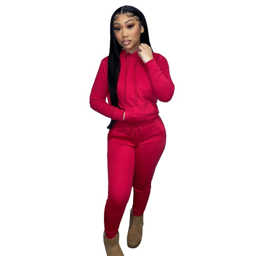 Autumn Winter Thick Drawstring Jogger Two Piece Red Sweatpants and Hoodie Set