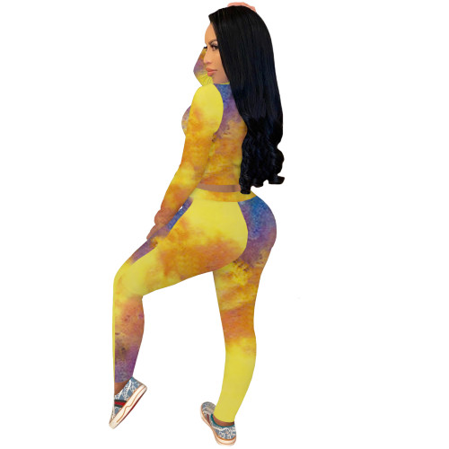 Casual Yellow Pattern Printed Sports Sweatpants Two Piece Pants Set